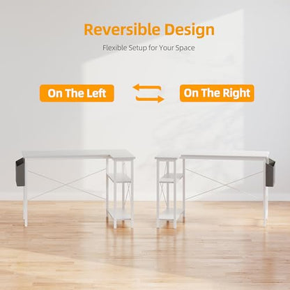 BEXEVUE L Shaped Corner Desk - 100x70 cm Study Office Gaming Desk, Computer Desk Small Writing Table, Large Reversible Storage Shelves, Bookshelf
