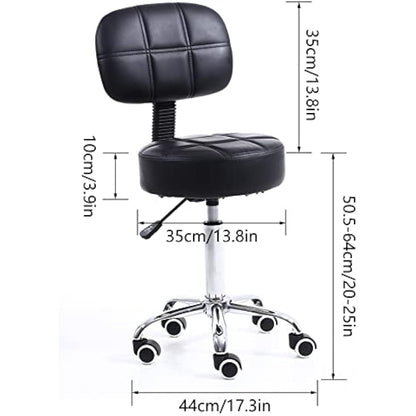 KKTONER Round Rolling Stool with Back PU Leather Height Adjustable Swivel Drafting Work SPA Salon Stools Chair with Wheels (Black)