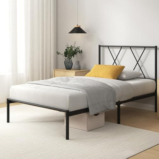 ZINUS Elias Single Bed Frame – Bed 90x190 cm – 30cm Height –Metal Bed Frame with Headboard – Platform bed frame with steel slat support – Clearance under the bed - Easy Assembly – Black
