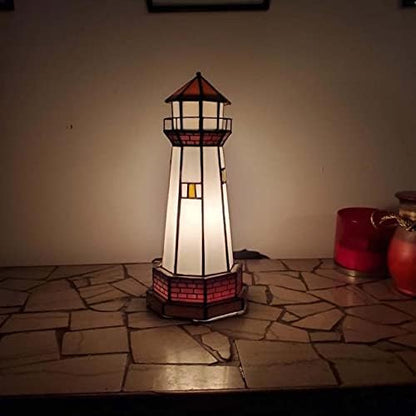 Bieye L30626 Lighthouse Tiffany Style Stained Glass Accent Table Lamp Night Light, 6" W x 12" H