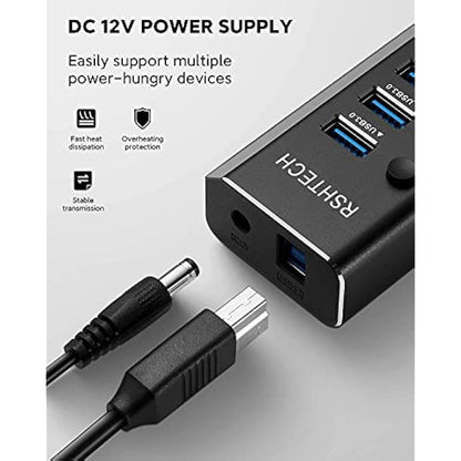 RSHTECH Powered USB 3.0 Hub Aluminum 10 Port USB 3.0 Data Hub with 12V/3A (36W) Power Adapter and Individual On/Off Switches & LED (RSH-A10)