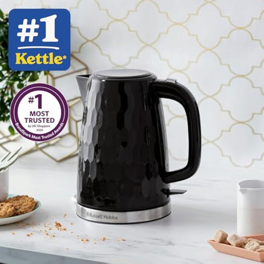 Russell Hobbs Honeycomb Electric 1.7L Cordless Kettle (Fast Boil 3KW, Black premium plastic, matt & high gloss finish, Removable washable anti-scale filter, Push button lid, Perfect pour spout) 26051