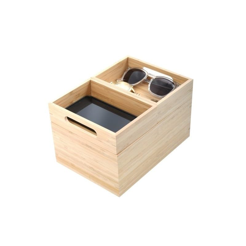 MSV - ISALYS Stackable 3 Compartments Multi-purpose Organizer Box - Natural Bamboo Storage for Cosmetics, Jewellery, Supplies or Accessories - Beige