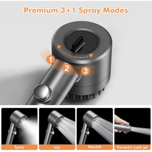 MEKO Hard Water Filter Shower Head with 15 Stage Filter, 3+1 Spray Jet Modes High Pressure Shower Head and 1.5m Hose, Handheld Massage Shower Filter for Residual Chlorine Remove (Grey)