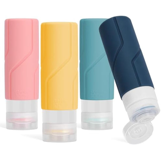 Alyvisun 4 Pack Silicone Travel Bottles for Toiletries, [Refillable & Leak-proof] Travel Containers, 100ml Small Size Squeezy Bottles for Shampoo, Lotion, Cosmetic, Mixed Colors