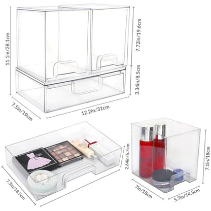 Large Stackable Storage Drawers, Clear Plastic Makeup Organiser with Pull-Out Drawer for Under Sink, Pantry, Bathroom, Kitchen and Office