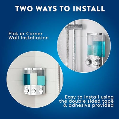 Croydex Wall Mounted Soap Dispenser - Eliminates Shower Clutter, Easy to Refill and Has a Pre-Measured Pump for Your Shower Gel, Shampoo and Conditioner, Mount On Corner or Flat Wall (White, 3x450ml)