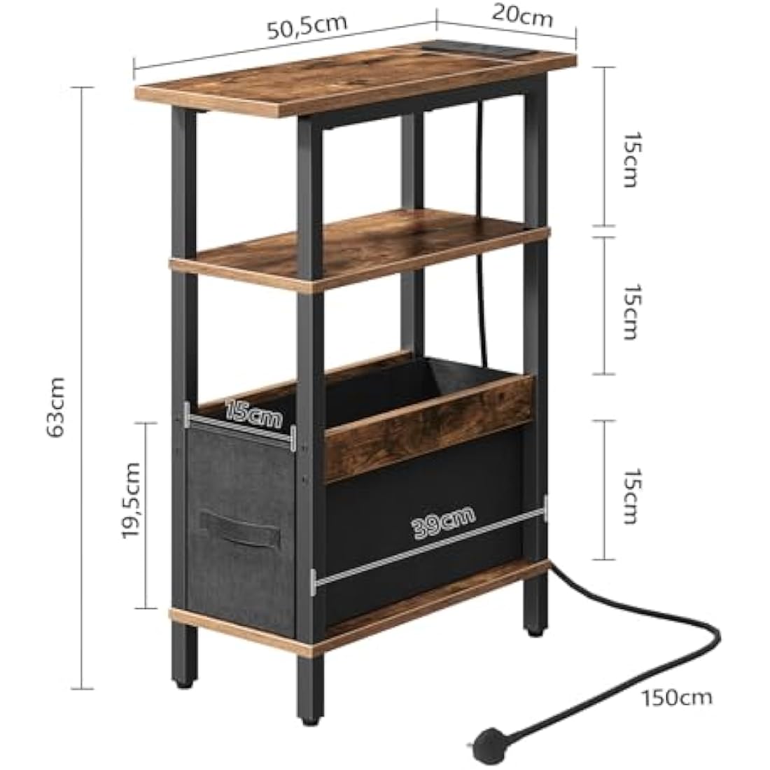 MAHANCRIS Narrow Side Table with Charging Station, 3 Tier Small End Table for Small Spaces, Slim Side Shelf with Storage, for Living Room, Bedroom, Rustic Brown AETHR125KE01
