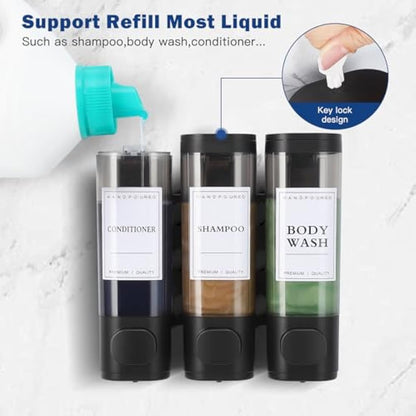 Shampoo and Conditioner Dispenser,Shower Dispenser 3 Chamber No Drill Shampoo Dispenser for Shower Wall Mounted Shower Soap Dispenser Body Wash for Bathroom Hotel Kitchen,3 * 300ML,Black