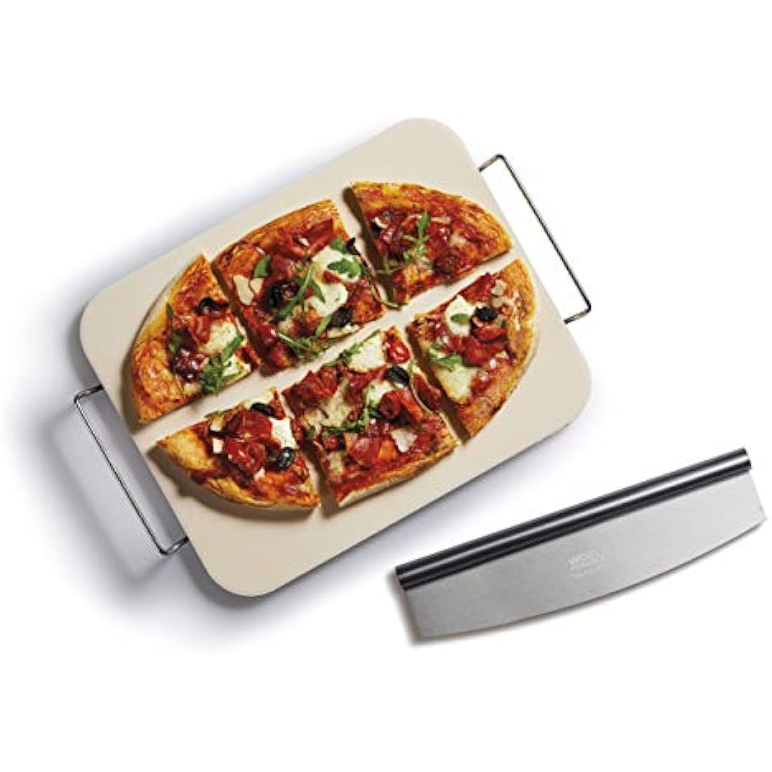 KitchenCraft World of Flavours Rectangular Ceramic Pizza Stone and Rocking Pizza Cutter Set, 2 Pieces