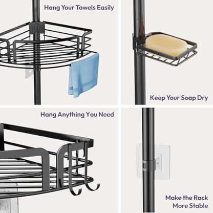 SWTYMIKI Telescopic Shower Caddy Corner - Rustproof Shower Corner Shelves with Towel Bar & Soap Holder, Adjustable No Drilling Organizer for Bathroom Storage With 4 Baskets,27.6-108.3 inch, Black