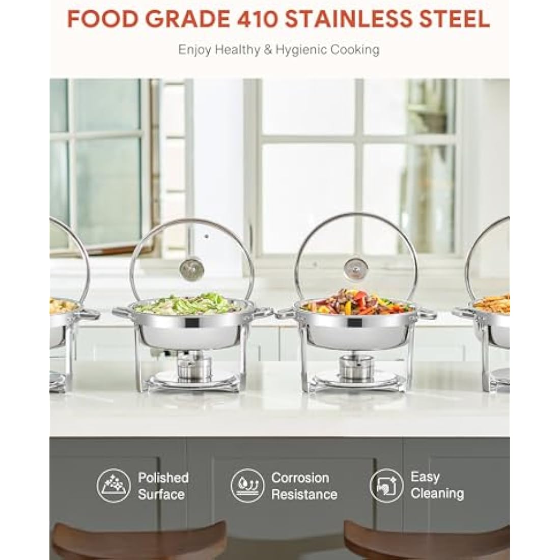 WILPREP Chafing Dish Buffet Set, 4 Pack 5.5L Round Chafers for Catering with Glass Lid & Lid Holder Water Food Pan, Stainless Steel Food Warmers