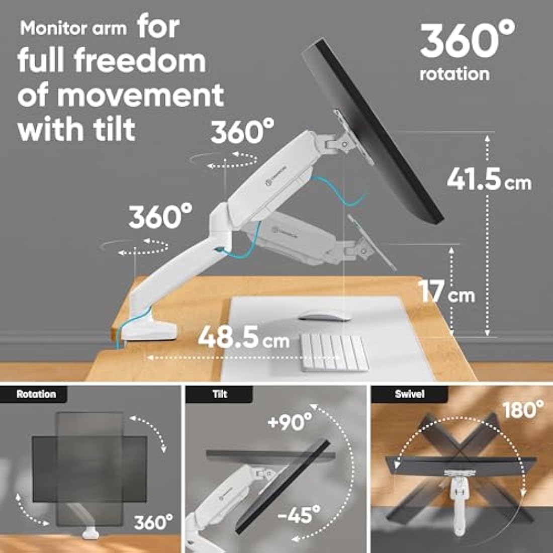 ONKRON Single Monitor Arm Desk Mount for 13-32 Inch Screen up to 8 kg, Screen Mount with Gas Spring VESA 75x75 & 100x100 - Monitor Stand for Desk Full Motion White, G80-W
