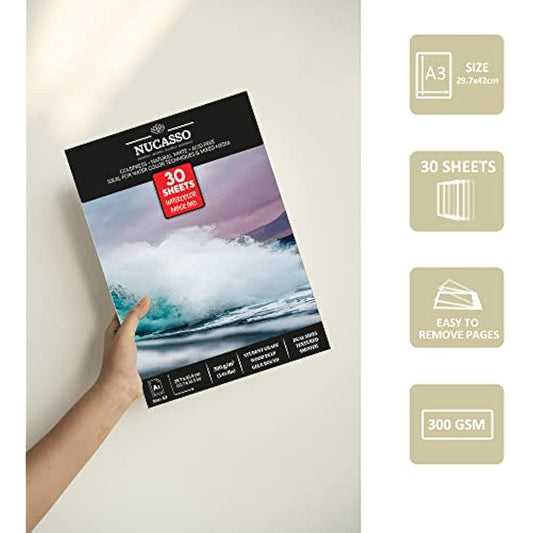 NUCASSO Watercolour Paper Pad - Pack of 2 - A3 x 30 Sheets – Natural White 300 GSM Student Grade, Cold-Pressed, Glue Bound Water Colour Sketchbook for Wet, Dry & Mixed Media (30 Sheets x 2 Packs)