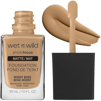 Wet n Wild, Photo Focus Foundation Matte, High-coverage Foundation with Light-adjusting Complex for a White Cast-free Effect and a Camera-ready Makeup, Matte Finish, Vegan, Desert Beige