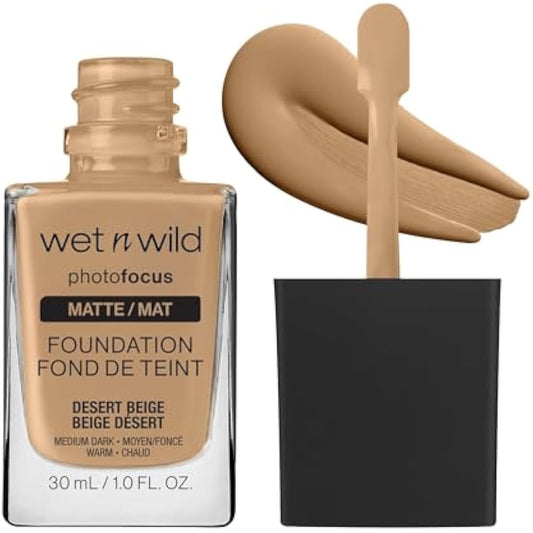 Wet n Wild, Photo Focus Foundation Matte, High-coverage Foundation with Light-adjusting Complex for a White Cast-free Effect and a Camera-ready Makeup, Matte Finish, Vegan, Desert Beige