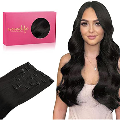 WENNALIFE Clip In Hair Extensions, 14 Inch 120g 7pcs Real Human Hair, Natural Black