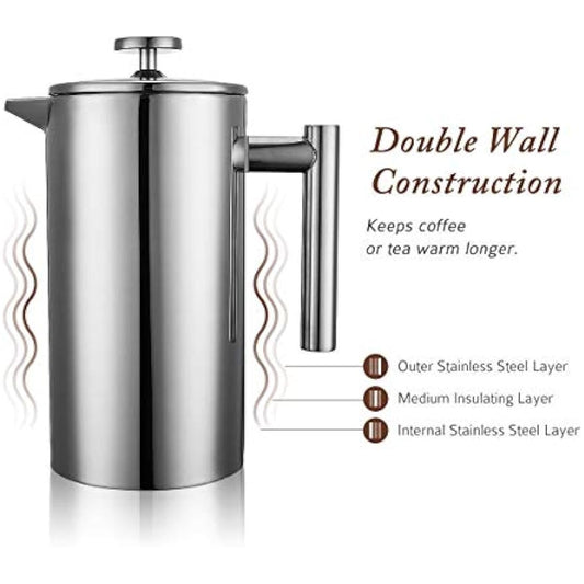 MaxMiuly Cafetiere Stainless Steel French Press Large Insulated Coffee Press, Double Wall Coffee & Tea Maker, 1.5L / 50 OZ-Bonus with Two Coffee Filter Screens(1500ml Silver)
