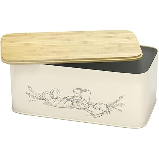 Extra Large Space Saving Vertical Cream Bread Bin with Eco Bamboo Cutting Board Lid - Holds 2 Loaves - White Extra Large Farmhouse Bread Bins for Kitchen Bread Storage Box