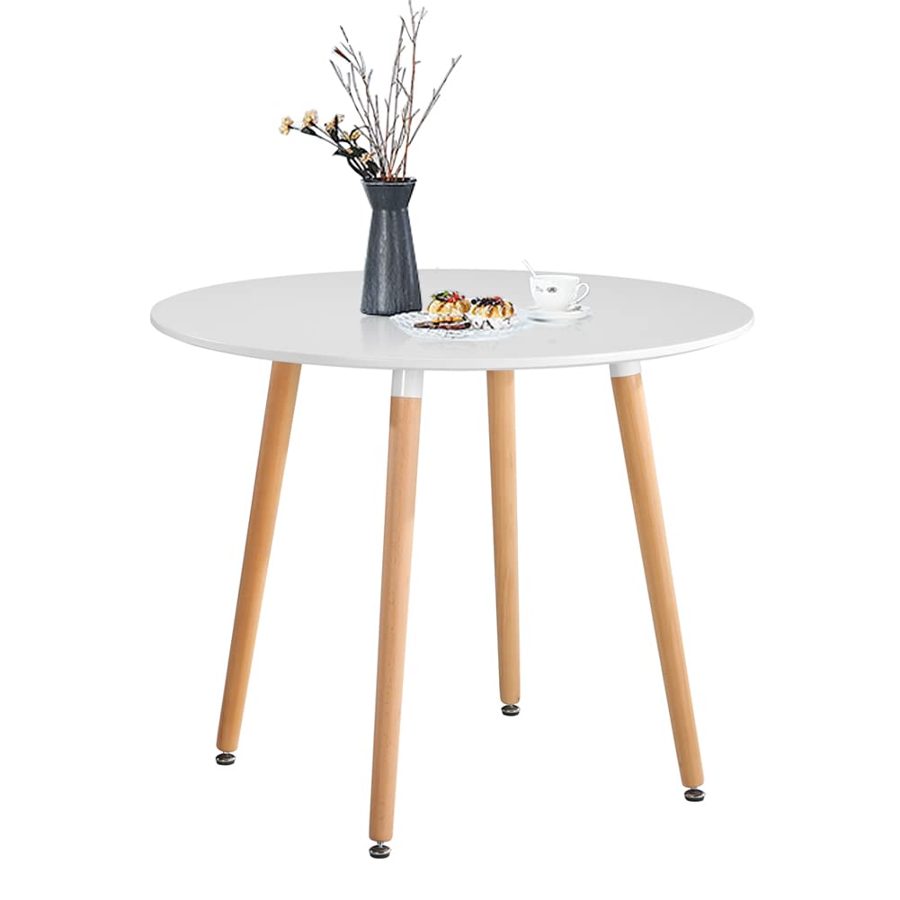 GOLDFAN Round Dining Table Modern High Gloss Kitchen Table with Solid Wood Legs 80cm Small Office Table for Dining Room Living Room Cafe Indoor
