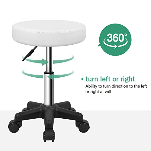 FURWOO Round Rolling Stool with Wheels Height Adjustable Stool Spa Stool for Salon Massage Home Kitchen White