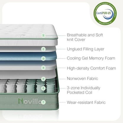 Novilla Mattresses King Size 9.8 Inch 3-Zone Gel Memory Foam Pocket Sprung Mattress, 5FT Hybrid Mattress Firm with Oeko-tex Knitted Fabric and CertiPUR-US Foam 150x200x25cm