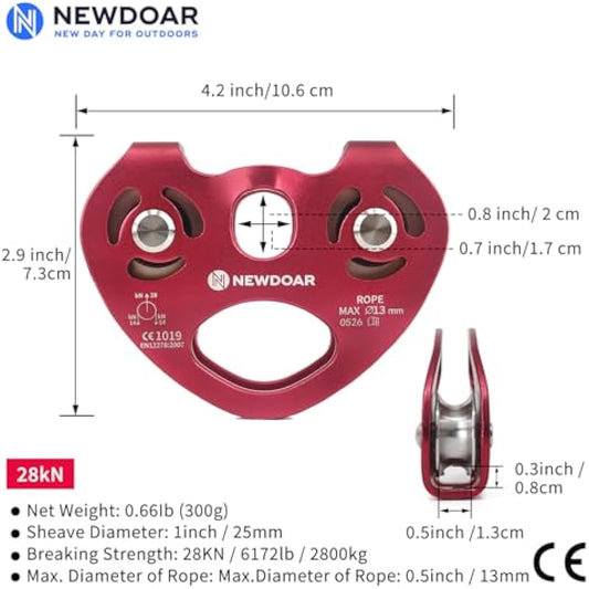 NewDoar CE Certified 28KN Tandem Double Speed Pulley Heart-Shaped Dual Pulley Zip Line Rescue Cable Trolley up to 13 mm Ropes for Climbing, Rescue,Hauling, Lifting