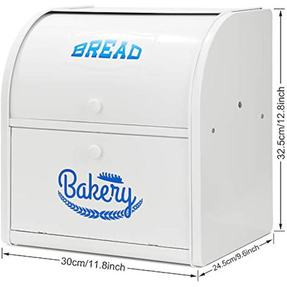 Hossejoy Metal Bread Box, Double Compartment Roll Top Countertop Bread Storage, Bread Bin Container Holder, Double Layer Breadbox Holds for your Kitchen Counter（White）
