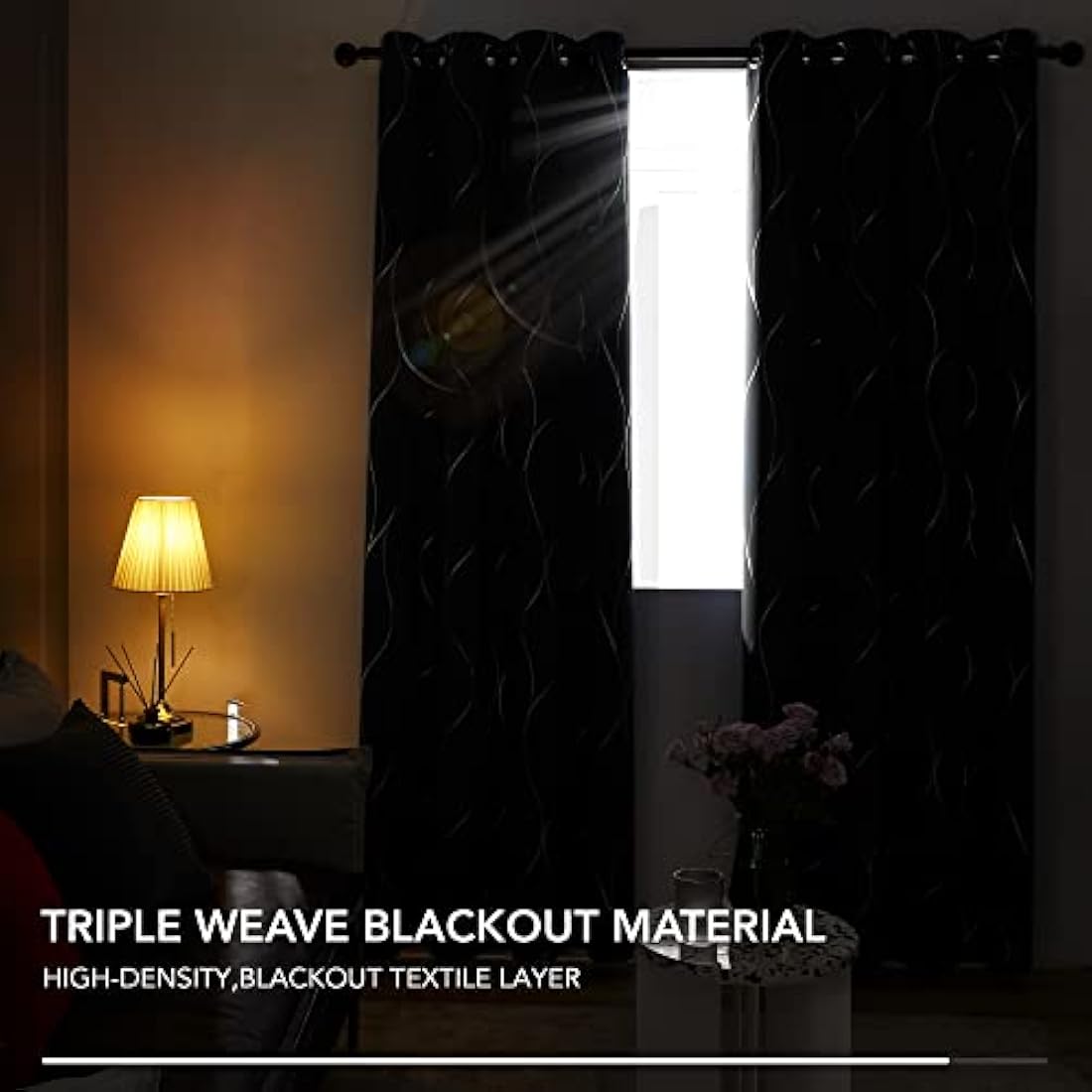 Deconovo Light grey Eyelet Curtains 66 x 54 Inch, Thermal Insulated Blackout Curtains, Silver Wave Line Foil Printed Curtains for Bedroom, 66 x 54 Inch(Width x Length), 2 panels