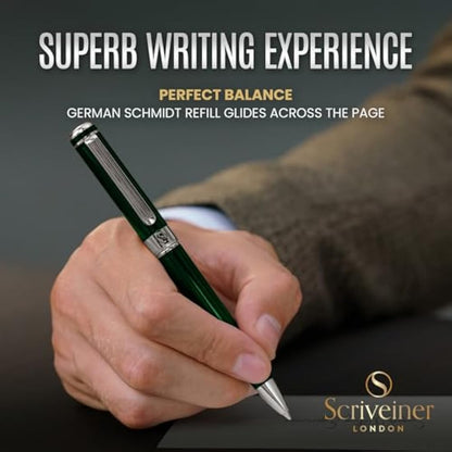 Scriveiner Green Ballpoint - Stunning British Racing Green Luxury Pen, Chrome Finish, Schmidt Black Refill, Best Ball Pen Gift Set for Men & Women, Professional Executive Office