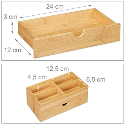 Relaxdays Bamboo Cosmetics Organiser, Multifunctional, 4 Compartments & Drawer, Desk Storage, Natural