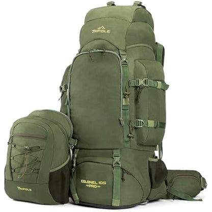 Tripole Colonel Pro Metal Frame Rucksack | Front Opening | Detachable Bag | Rain Cover (105 Litres, Army Green)