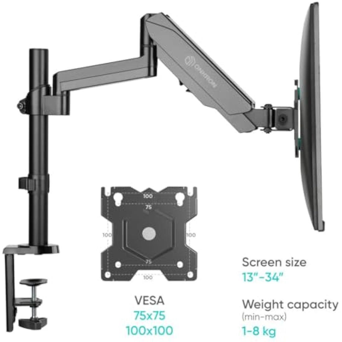 ONKRON Single Monitor Arm for 13 – 34 Inch Screens, Gas Spring Monitor Arm Desk Mount up to 8 kg, Screen Desk Clamp VESA 75x75 & VESA 100x100, Computer Screen Stand Tilt Swivel Rotation Black G70-B