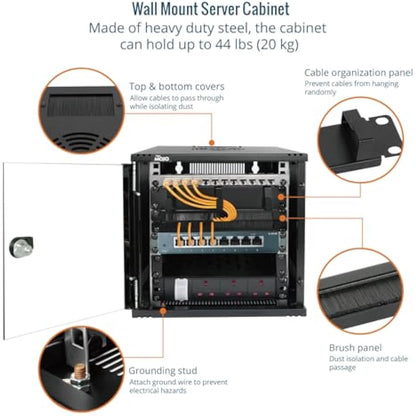 Tecmojo 6U Wall Mount Data Cabinet, 10in Wide 300mm Depth Network Cabinet with Rack Shelf, Brush Panels, Cable Organizer for 10'' AV/IT/Data Devices, 44lbs(20kg) Capacity, Glass Door
