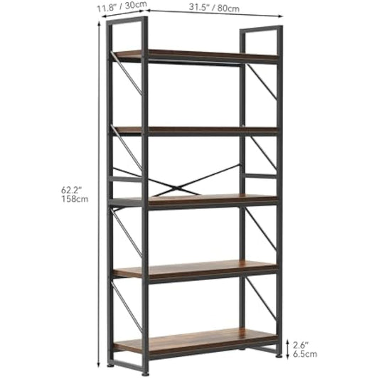 YITAHOME Bookcase 5 Tiers, Industrial Book Shelf Large Floorstanding Book case Wooden Shelf and Metal Frame Shelving Unit Display Storage Rack for Living Room, Home Office, Rustic Brown Bookshelf