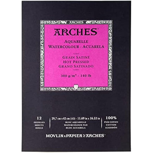 ARCHES Aquarelle 100% Satin 300 g Glued Pad A3 12 sheets Natural White