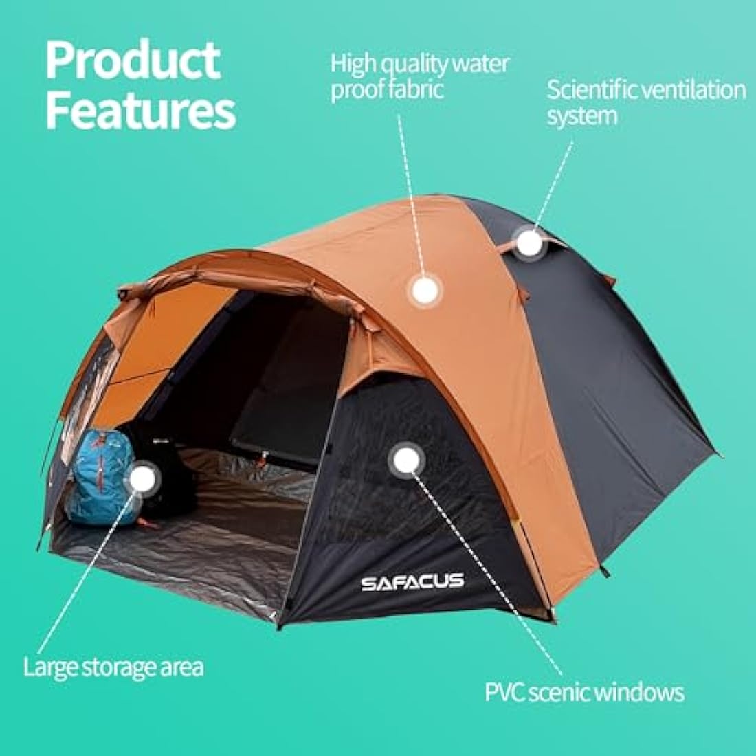 SAFACUS 3-4 Person Dome Camping Tent, Double layer, Full Waterproof Holiday Family 3 to 4 Man Tent, Easy to Set Up for Outdoors Hiking Fishing Traveling Beach Vacation