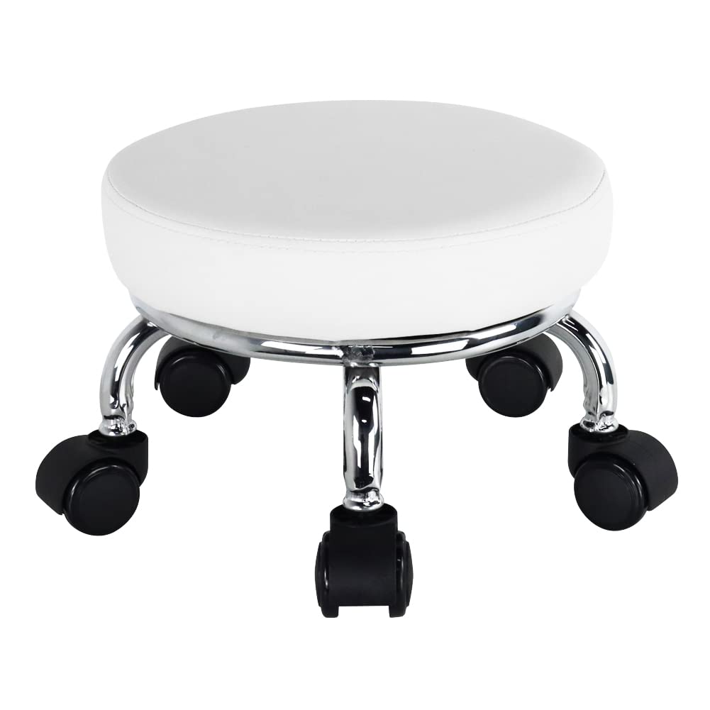 WKWKER Roller Seat PU Leather Low Round Rolling Stool Small Chair with Universal Swivel Caster Wheels for Home Office Garage Shop Fitness