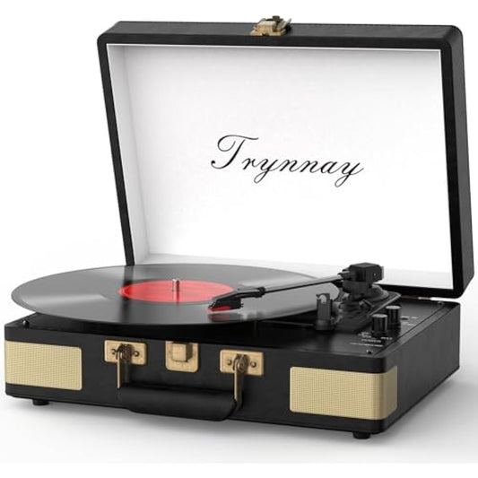 Trynnay Record Player 3 Speed Bluetooth Portable Suitcase Vinyl Player with Built-in Speakers Turntable Enhanced Audio Sound Waxed Leather Vintage Black
