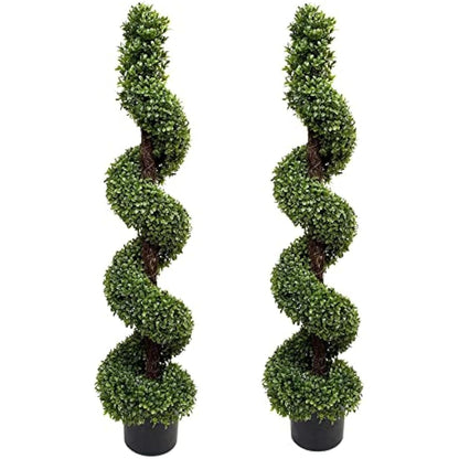 2 x Artificial Premium Quality Topiary Boxwood Spiral Trees in Black Pot for Indoor Outdoor Decor, UV Stable (4ft/120cm)