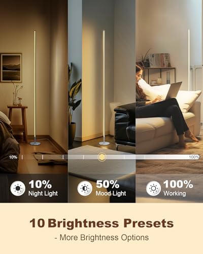 TACAHE Minimalist Corner Floor Lamp - 2700K-6500K Dimmable LED Night Light - Modern Standing Mood Lamp with Remote Control for Living Room, Bedroom - 57" 12W - Silver