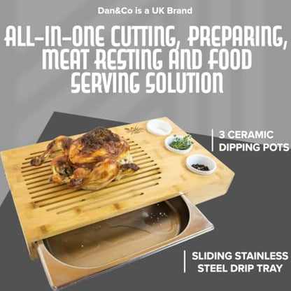 Dan&Co Unique Bamboo Meat Carving Board with Drip Tray and 3 Dipping Pots | 48cm Large Wooden Chopping Board for Kitchen for Preparing, Cutting, Resting, Serving | BBQ Gift