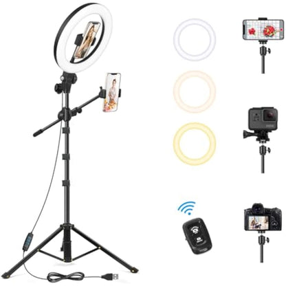 LUXSURE 10.5" Ring Light with Tripod Stand & Phone Holder, Overhead Phone Mount with 2 Shooting Positions, Tripod for iPhone with Ring Light for Video Recording/Live Streaming/Cooking