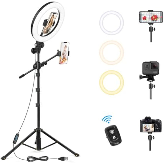LUXSURE 10.5" Ring Light with Tripod Stand & Phone Holder, Overhead Phone Mount with 2 Shooting Positions, Tripod for iPhone with Ring Light for Video Recording/Live Streaming/Cooking