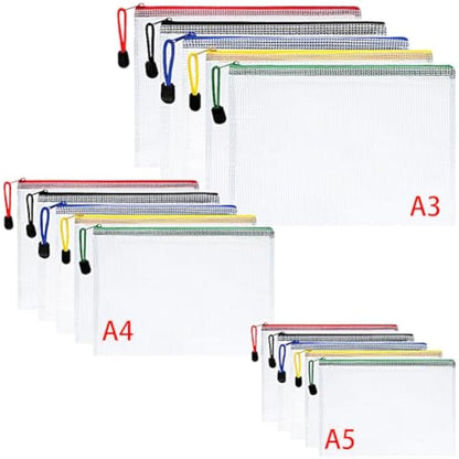 Vicloon Plastic Wallets, 15Pcs A3 A4 A5 Zip Lock Bags, Mesh Document Wallet Document Folders Plastic Pockets Zipper File Wallet for School Office Homework Travel Storage Bags (Color Zipper)