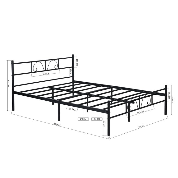 FurnitureR Black Metal Double Bed Frame with Decorative Headboard, Heavy Duty Steel Slats, Noise-Free Support, No Box Spring Needed, Easy Assembly