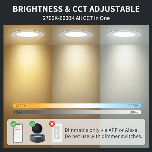 DUSKTEC LED Downlights Ceiling for Alexa, 7W 3in Bluetooth LED Spot Lights, APP & Voice Control Smart Spotlights, Warm White to Daylight Dimmable Recessed Ceiling Lights for Bedroom Kitchen, 6 Pack