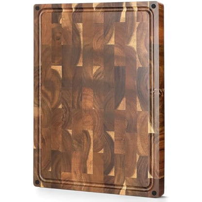 XINZUO Large Thick End Grain Acacia Wood Cutting Board- (19''L x 14''W x 1.5''T) Reversible Wooden Chopping Board with Non-Slip Feet, Built-in Handles and Juice Groove- Butcher Block Cutting Board