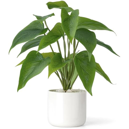 Mkono Fake Plants in Ceramic Pot, 11" Potted Artificial Plants for Home Decor Indoor Faux Green Leaf Plant with Modern White Planter for Desk Shelf Office Room Decoration (Pothos)