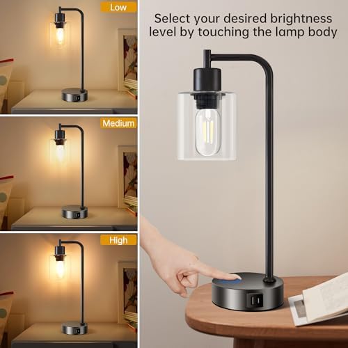 Homelist Touch Lamp Bedside Set of 2, Dimmable Bedside Lamps with USB C+A Charging Ports, Plug in Bedside Table Lamps for Bedroom, Nightstand, Industrial Touch Lights for Home Office-Bulbs Included